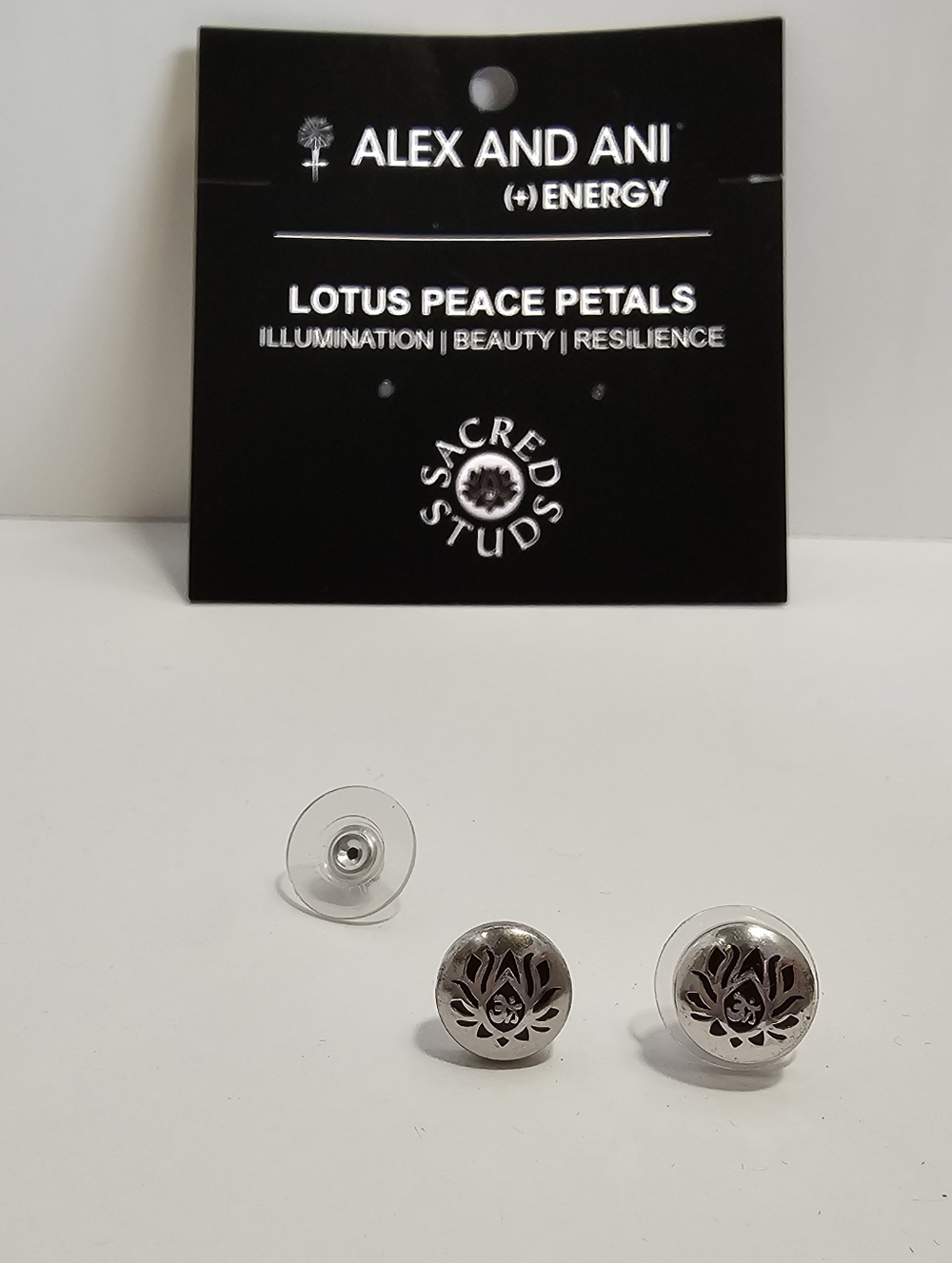 AuthAlex and Ani Lotus Peace Petals Stud Earrings Silver Finish w/ Card And Box - Picture 2 of 4